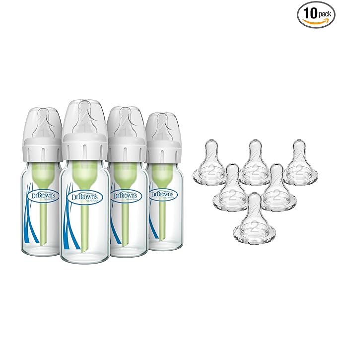 Dr. Brown's Anti-Colic Narrow Glass Baby Bottles 4 oz 4-Pack with Level 1 Nipples + Level 2 Medium Flow Narrow Silicone Nipples 6-Pack Bundle, BPA Free, 0m+ and 3m+