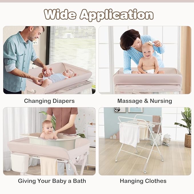 HONEY JOY Changing Table, Folding Mobile Nursery Organizer w/Wheels, Adjustable Height, Storage Bag & Open Shelf, Portable Diaper Changing Station for Newborn Infant (Beige, 32"x26"x39.5")