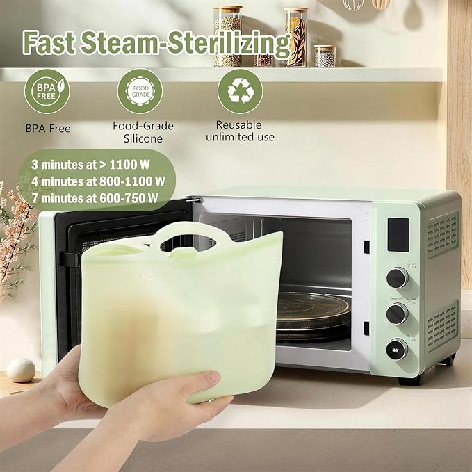 Silicone Travel Bottle Sterilizer Bags | 2000ml Microwave Steam Sterilizer Bags for Baby Bottles, Breast Pump & Pacifiers, Reusable Steam Sterilizing Bags for Travel and Home Use（Clear Green）