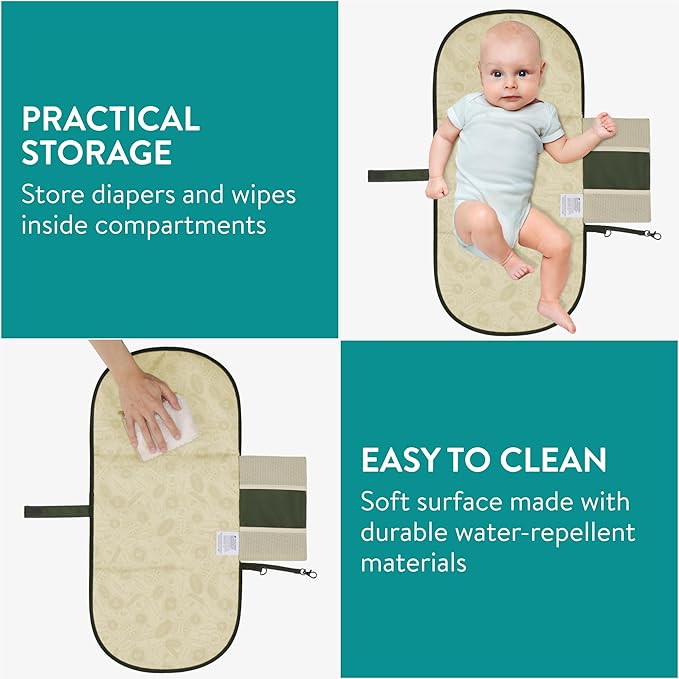 Navaris Baby Changing Mat Portable - Slim Lightweight & Foldable Baby Change Mat - Water Repellent Travel Changing Mat with Pockets - Folding Mat for Clean Diaper Changes - Olive
