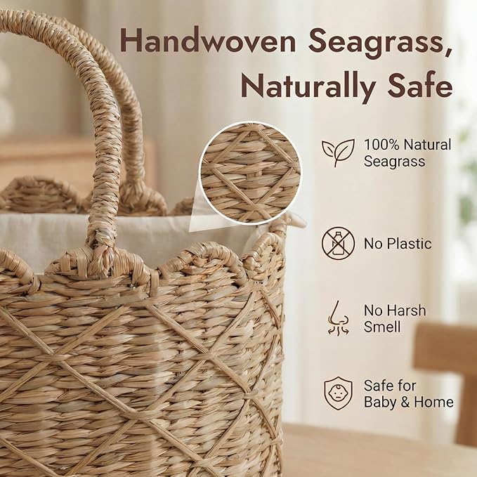 YANGQIHOME Diaper Caddy Organizer, Seagrass Nursery Baby Basket for Baby Essentials, Scalloped Wicker Diaper Caddy, Baby Shower Gifts (Diamond)
