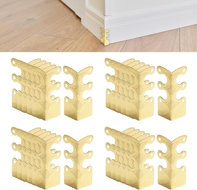 24Pcs Skiffers Baseboard Corner Protectors, Rustic Vintage Brass Metal Decorative Corner Protectors for Floor Skirting Board Furniture (Gold*24)
