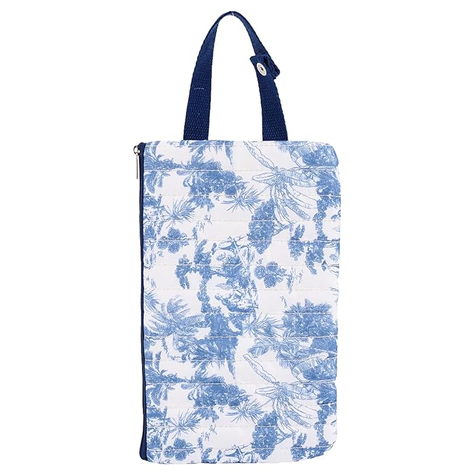 Quilted Baby Wipe Holder, Canvas Floral Quilted Pouch with Hanging Strap, Portable Diaper Wipe Holder for Travel Stroller-Grand Classical Blue
