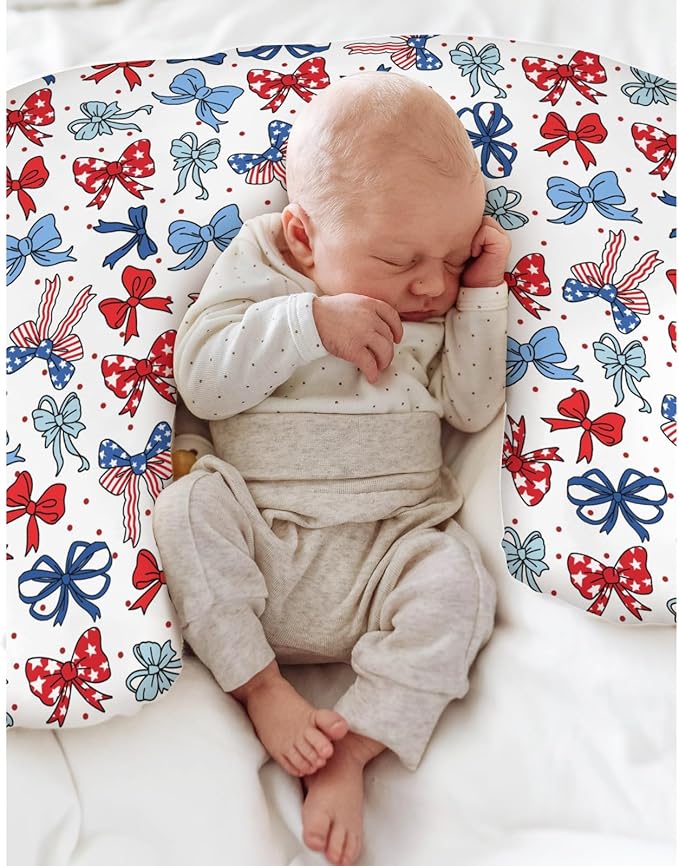 American Flag Bows Stars Baby Nursing Pillow Covers for Boy Girl Patriotic Ribbons Nursing Slipcovers for Breastfeeding Pillows Cute 4th of July Bows Soft Stretchy Removable Cover for Newborn Infant
