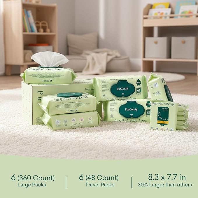 PurComfy Baby Wipes Unscented, 6 Flip-Top Packs + 6 Travel Pack Baby Wipes with Plant Based, Hypoallergenic for Sensitive Newborn Skin, Total 408 Count Wipes