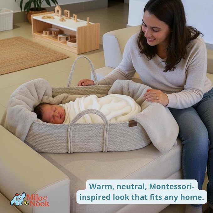 Milo & Nook Baby Changing Basket with Pad – Soft Cotton Moses Basket, Waterproof Liner & Soft Cover, Portable Changing Basket for Newborn Nursery, Machine-Washable Cover