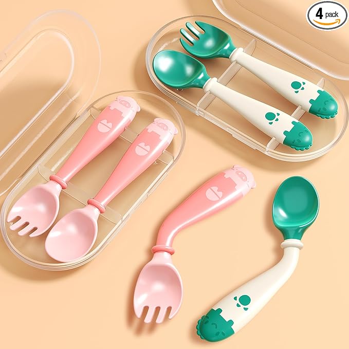 Deejoy Toddler Utensils, Self-feeding Flatware Set withTravel Case, Baby Spoons and Forks with Silicone Bendable Handle, Easy Grip Heat-Resistant, Ideal for Kids, Stage 2, 2 Sets Green&Pink