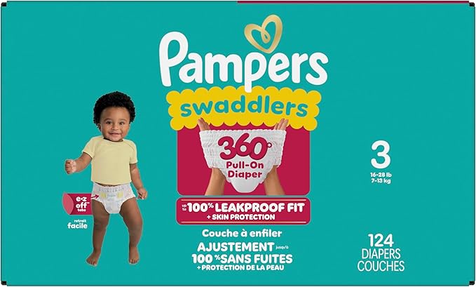 Pampers Diapers - Swaddlers 360° - Size 3, 124 Count, up to 100% Leakproof Comfy Dry Fit, Designed for Easy Changes, Pull On Baby Diaper (Packaging May Vary)