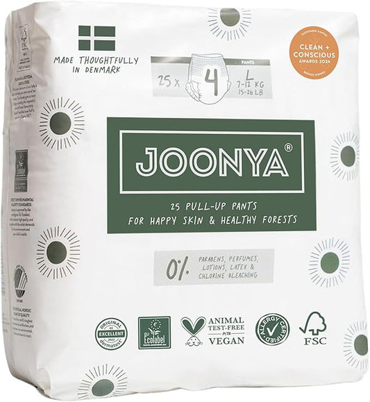 Joonya Pull-Up Pants Baby Diapers, Size 4 L (15-26 lb) - 1 Bag of 25 - Non Toxic, Eco-Friendly, High Absorbency, Overnight Use, Ultra Slim & Soft - Made in Denmark