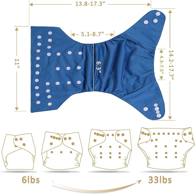 TDIAPERS Cloth Diapers Reusable Washable Pocket Diapers Cover One Size Adjustable for Baby 6 Pack with 12 Inserts