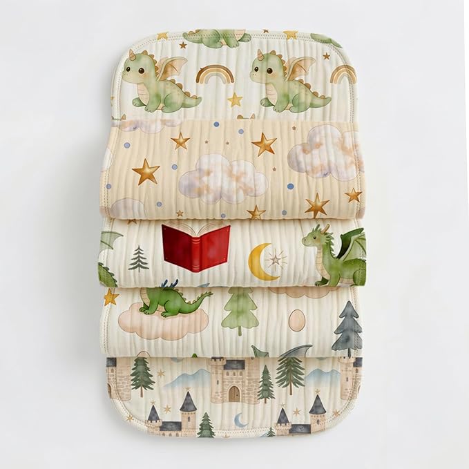 5 Pack Baby Burp Cloths, Soft Cotton Dragon & Castle Theme Burp Cloths, Super Absorbent Cute Magical Woodland & Knight Print Washcloths, Newborn Baby Boy Essentials Gift Set