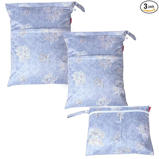 Damero 3Pcs Wet Dry Bag for Cloth Diaper, Swimsuit, Clothes, Ideal for Travel, Exercise, Daycare, Roomy and Water-Resistant(Gray Flowers)