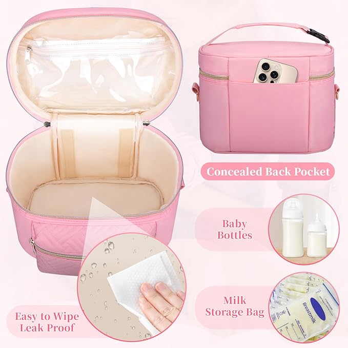 GDNasist Wearable Breast Pump Bag Compatible with Willow/Elvie/Medela/Momcozy, Portable Pumps Carrying Case for Nursing & Working Moms, Pumping Bag with Mat & Shoulder Strap, Pink