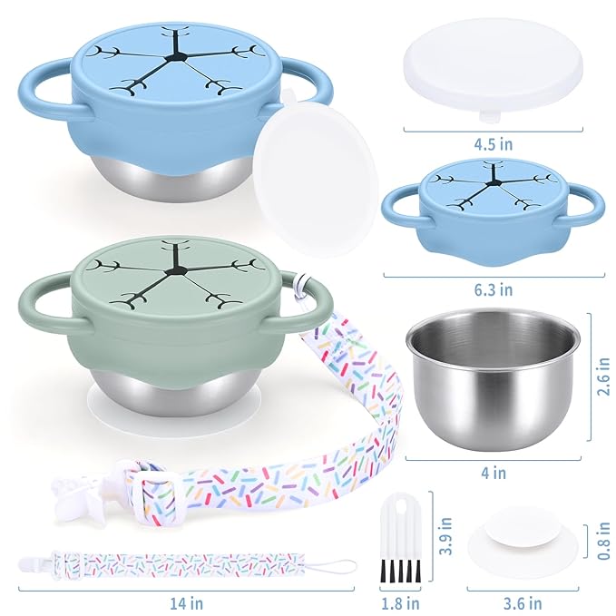 Qtencas 2 Pack Stainless Steel Snack Containers for Toddlers with Spill-Proof Silicone Lids and Handles, Food Grade Snack Cups for Toddlers Kid（Green and Blue）