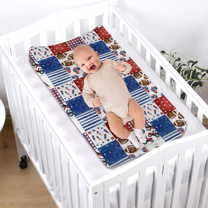 American Flag Eagle Football Plaid Baby Changing Pad Covers for Boy & Girl 32''x16'' Independence Day Stars Stripes Fitted Diaper Changing Table Sheets Soft Breathable Nursery Baby Change Table Mats