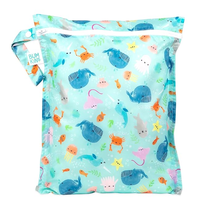 Bumkins 3-Piece TSA Approved Clear Travel Bags and Waterproof Wet Bag for Baby Diapers, Swimsuits, Toiletries, Accessories, Ocean Life Blue