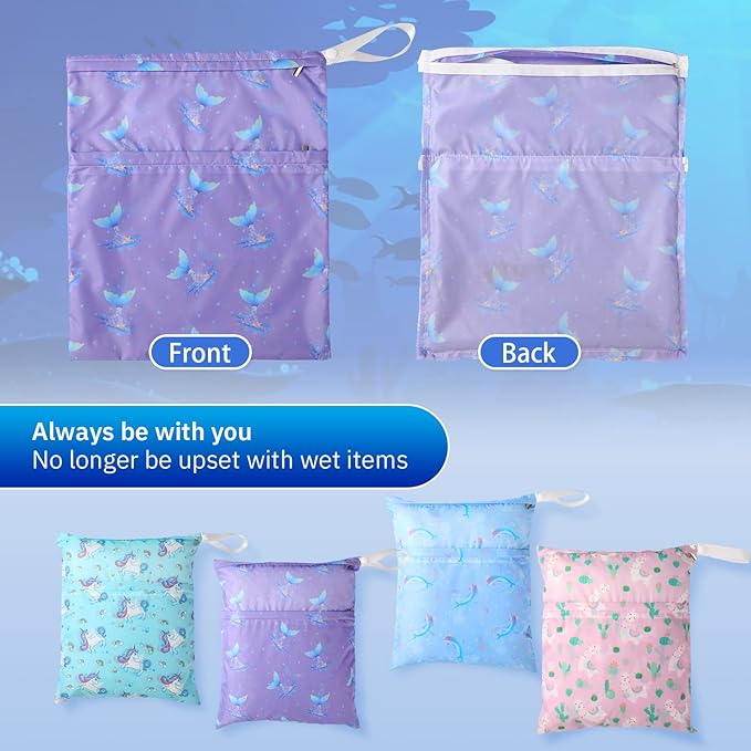 Frienda 4 Pieces Cloth Diaper Wet Dry Bag, Waterproof Reusable Washable Bag for Baby Items and Travel Zippered Pockets with Handle, Beach, Swimsuit, Dirty Gym Clothes and Toiletries(Mermaid)