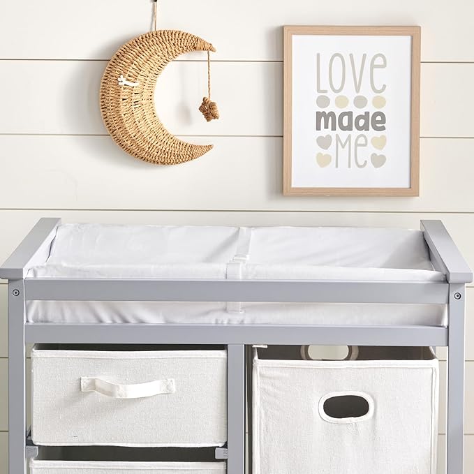 Badger Basket Waterproof Contoured Changing Table Pad for Babies – Non-Slip Base, Safety Strap, Removable Cover – White