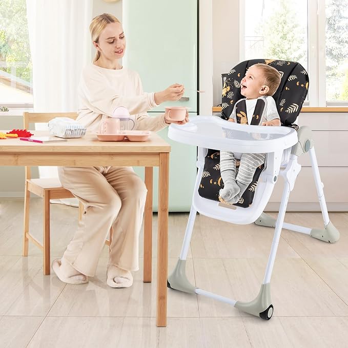 HONEY JOY Baby High Chair, Foldable Highchair for Babies and Toddlers, Adjustable Heights, Recline Backrest & Footrest, Detachable Tray & PU Seat, Portable Highchairs with Wheels (Leaf Black)
