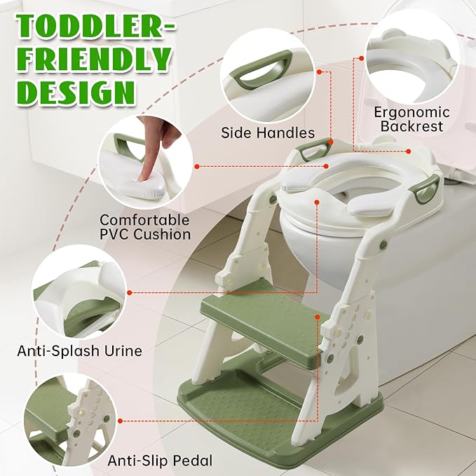 Potty Training Toilet Seat, Stable Potty Training Seat with Step Stool, 2 in 1 Toddler Toilet Seat with Steps for Kids Boys Girls, Toddler Potty Seat with Ladder, Splash Guard, Anti-Slip Pads (Green)