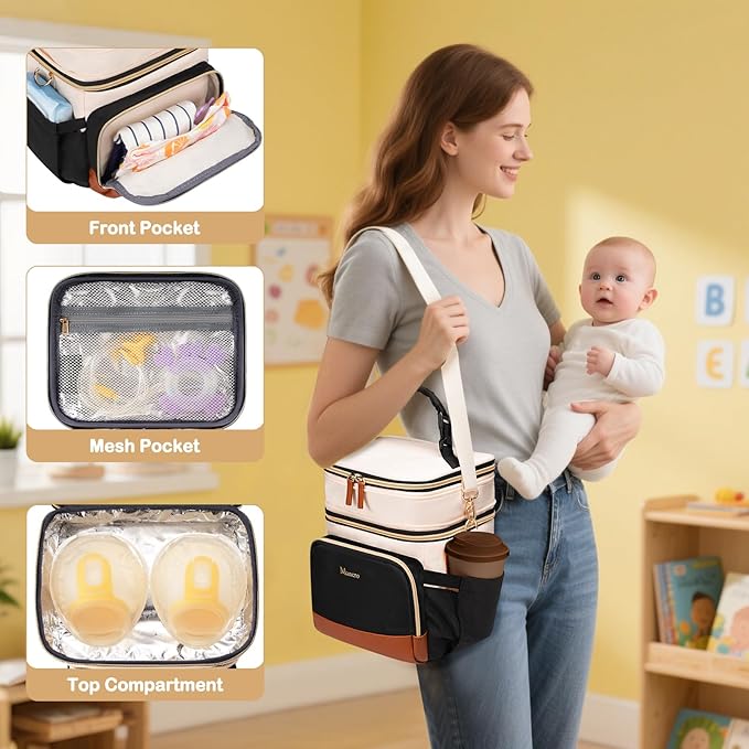 Mancro Expandable Breast Milk Cooler Travel Bag with Ice Pack, Double Layer Baby Bottle Bag Fits 6 Bottles Up to 9 Ounce, Breastmilk Cooler Bag with Shoulder Strap for Nursing Moms & Daycare