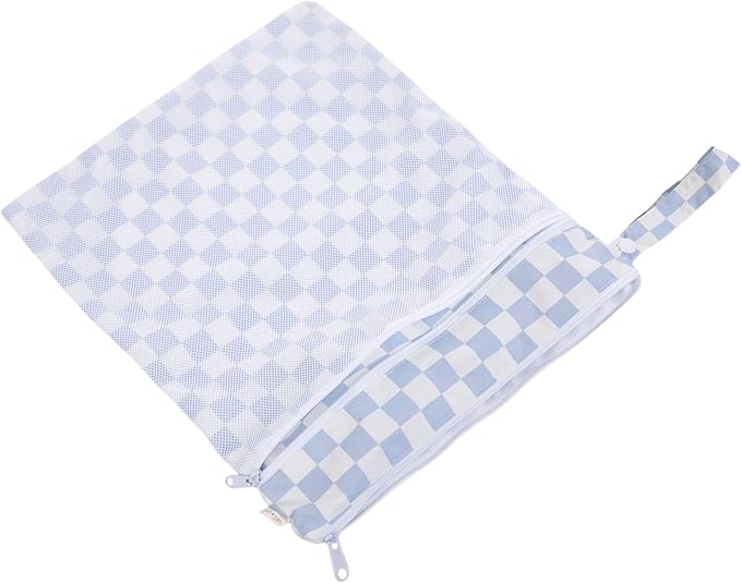 Ali+Oli Water Resistant Dual-Compartment Wet-Dry Bag for Travel, Hook to Stroller, Daycare, Diapers, Diaper Bag, Clutch Bag,15x12 inches (Blue Checkers)
