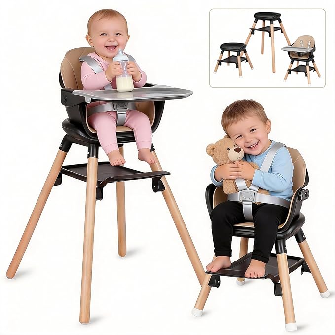 6 in 1 Baby High Chair, Convertible Wooden High Chairs/Booster Seat for Babies and Toddlers, Baby Feeding Chair with 5-Point Harness/Double Removable Tray & Adjustable Footrest (Black)