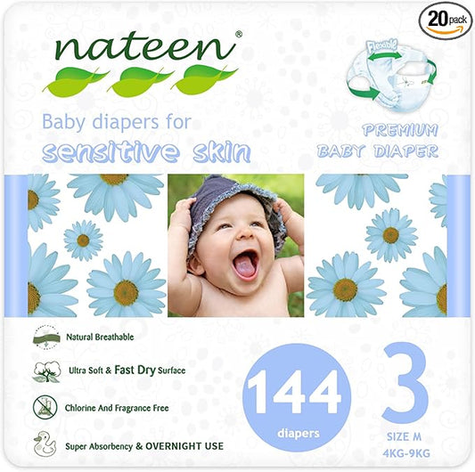 Nateen Premium Baby Diapers, Overnight Use Disposable Diapers for Sensitive Skin, Ultra Thin Diapers with Comfortable Fit. (Size 3 (Medium), 144, Count), White