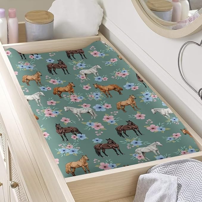 Flower Horse Changing Pad Cover for Baby Boy Girls Changing Table Covers 32''x16'' Diaper Table Change Mat Sheet Infant Newborn Changing Pad Covers
