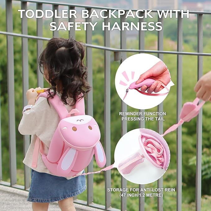 NOHOO Toddler Backpack Leash, Mini Cute Cartoon Animal, Waterproof Travel Book Bag for Baby Boys Girls 3~6 Years (Rabbit)