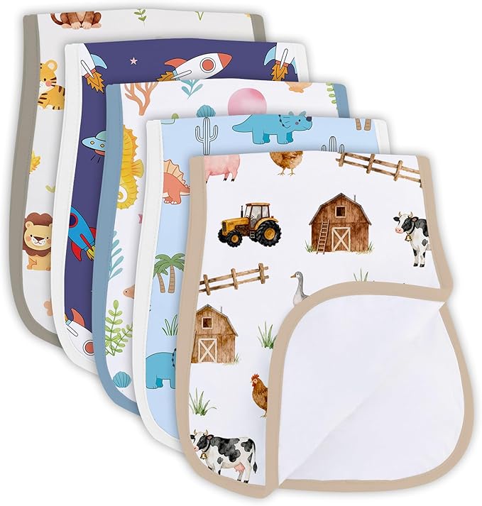 5 Pack Burp Cloths Organic Cotton, Animal Baby Burp Cloths Boy Girl, Absorbent Baby Burping Cloth, Soft Burping Cloth Set for Feeding, New Mom Gifts for Newborns Essentials Gift Set, 19”x9”