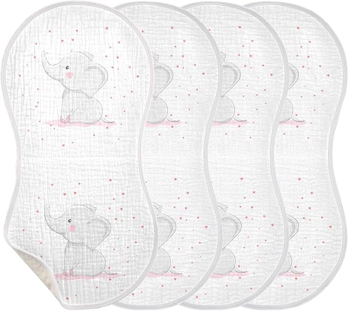 Cute Elephant Pink Love Heart Muslin Burp Cloths for Baby 4 Pack Soft 100% Cotton Baby Washcloths Bibs for Boy Girl