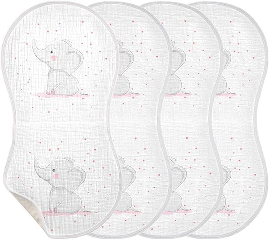 Cute Elephant Pink Love Heart Muslin Burp Cloths for Baby 4 Pack Soft 100% Cotton Baby Washcloths Bibs for Boy Girl
