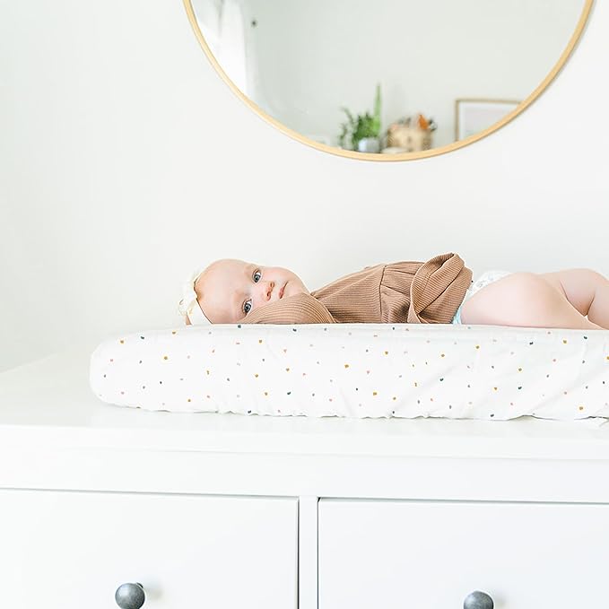 Makemake Organics Organic Changing Pad Cover GOTS Certified Organic Cotton Changing Table Cover Non Toxic Quilted Ultra Soft Girls Boys Neutral Nursery (16"x33", Dotty)