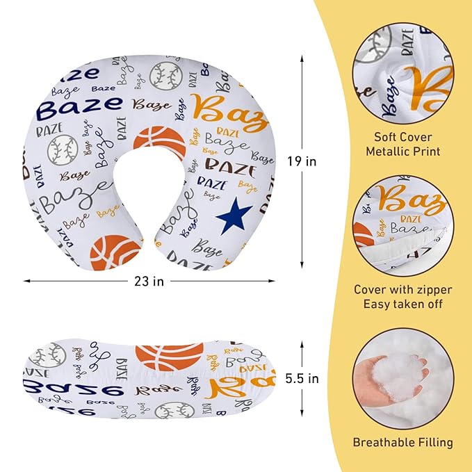 Baby Nursing Pillow Cover - Personalized Name Multiball Theme Breastfeeding U-Shaped for Bottle Feeding, Ultra Soft Comfortable Breastfeeding Pillow Cover for Infant Baby Boys and Girls