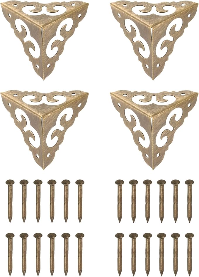 uxcell 4 Pcs Brass Edge Guard, 30mm Decorative Box Corner Cover, Corner Protector, Vintage Stair Dust Corners with Screws, Bronze
