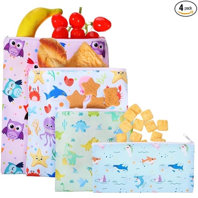 Paterr 4 Pcs Sandwich Bag Reusable Zipper Snack Bags Food Safe Washable Lunch Bags for Kids Students Adults Food(Starfish)