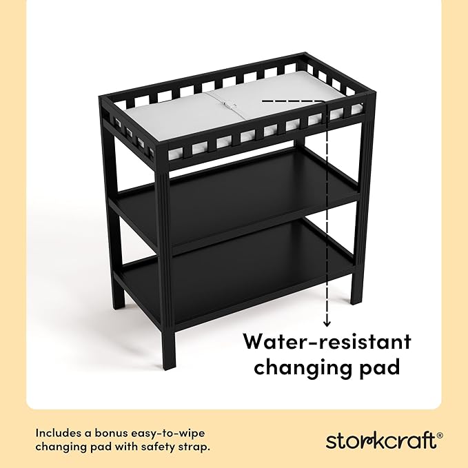 Storkcraft Morningside Changing Table (Black) – GREENGUARD Gold Certified Baby Changing Table, Includes Waterproof Diaper Changing Pad, Easy 30-Minute Assembly, 2 Open Shelves for Storage