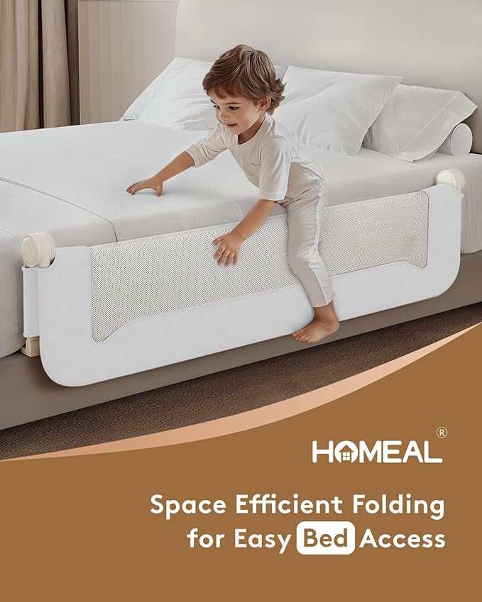 HOMEAL Toddlers Bed Rails, 47" Long Swing Down Bed Guard with Double Reinforced Stability, Foldable Metal Safety Rail for King, Queen, Full & Twin Beds, White