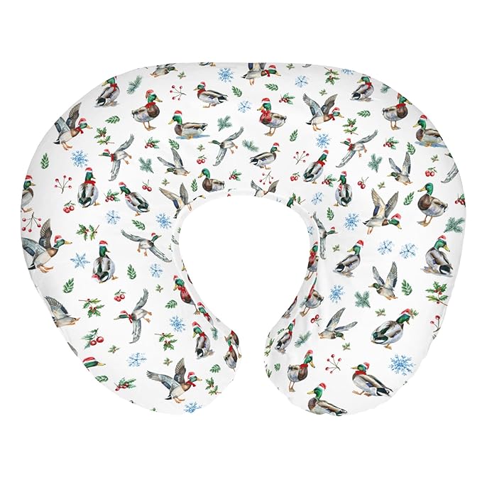 Christmas Mallard Ducks Baby Nursing Pillow Covers for Boy Girl Wild Ducks Cherry Fir Leaves Nursing Pillowcase for Breastfeeding Pillows Winter Hunting Duck Soft Stretchy Slipcovers for Newborn