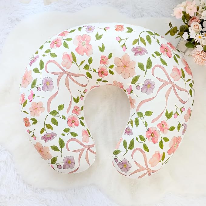 TANOFAR Nursing Pillow Cover, Stretchy Removable Breastfeeding Pillow Cover, Ultra Soft Snug Fits On Newborn Feeding Pillow Case for Baby Girls, Pink Bow