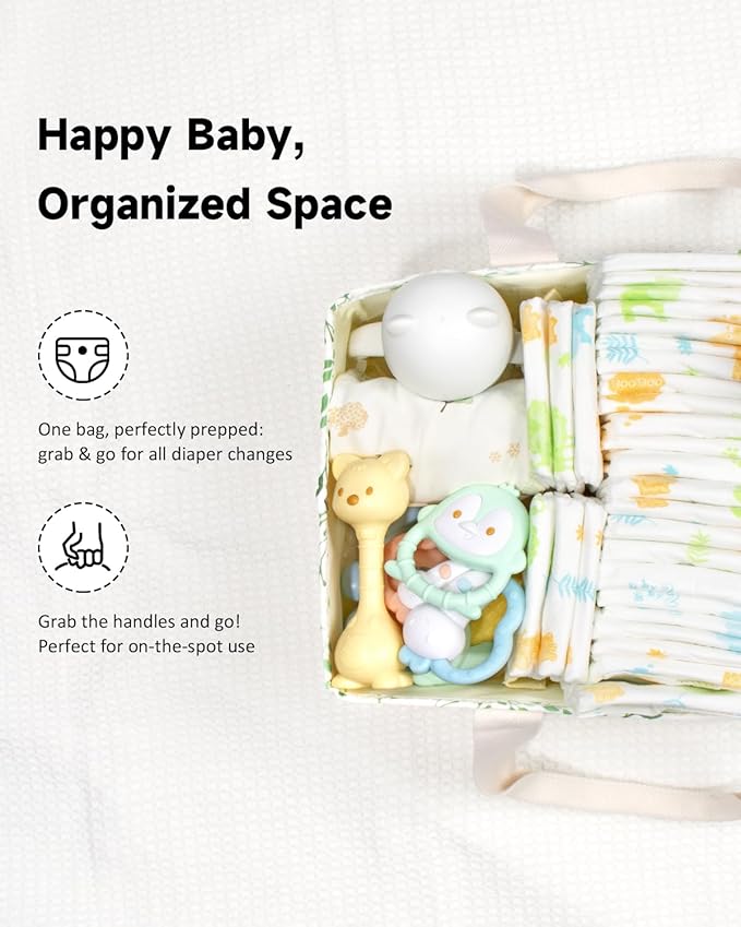 BuyCard Leaf Pattern Diaper Caddy Organizer, Nursery Storage Basket with Handle, Baby Essentials Holder, Cream with Green Floral Design
