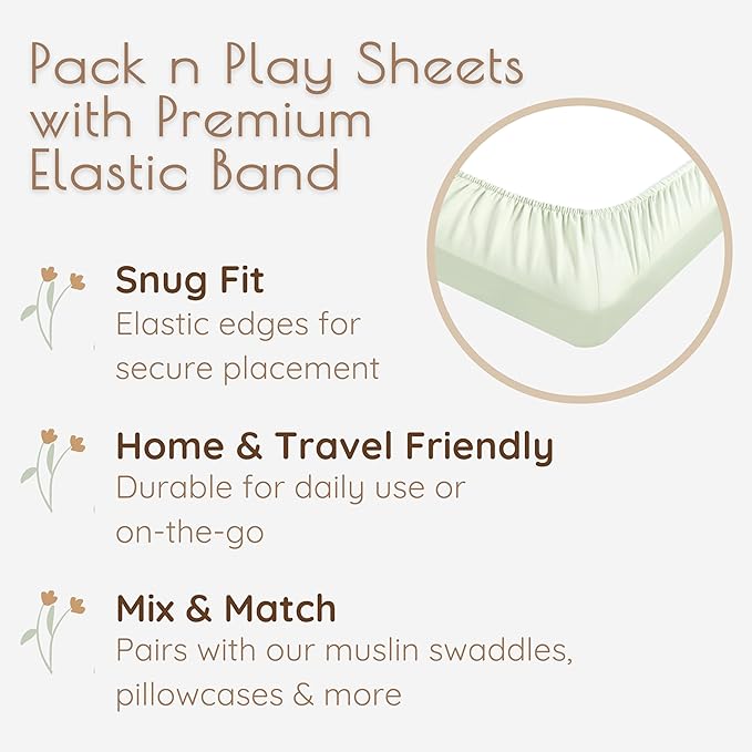 2 Pack Mini Crib Sheets - Jersey Cotton Pack and Play Sheets Fitted, 27" x 39", Fits Graco Pack n Play Mattress, Soft Playpen Sheets Pack n Play, Oeko-tex (Green Pack and Play Mattress Sheets)