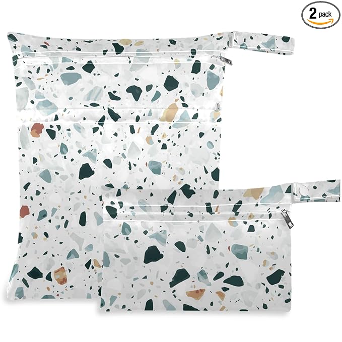 visesunny Venetian Style Natural Stone Granite Quartz Marble Pattern 2Pcs Wet Bag with Zippered Pockets Washable Reusable Roomy for Travel,Beach,Pool,Daycare,Stroller,Diapers,Dirty Gym Clothes, Wet Sw