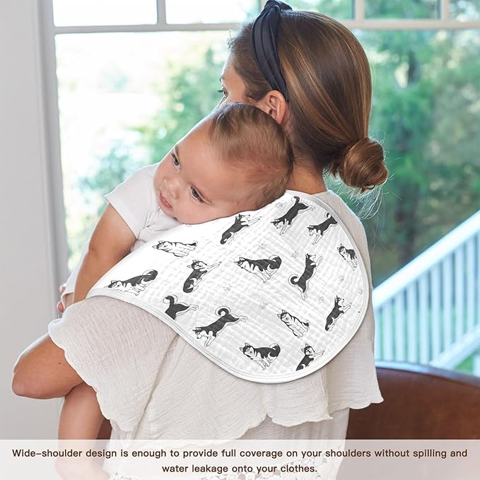 2 Pack Muslin Burp Cloths Husky Dogs White Cotton Baby Burp Cloths Extra Absorbent and Soft Thick Burping Cloth for Newborn Babies Boys Girls 22x11 Inch