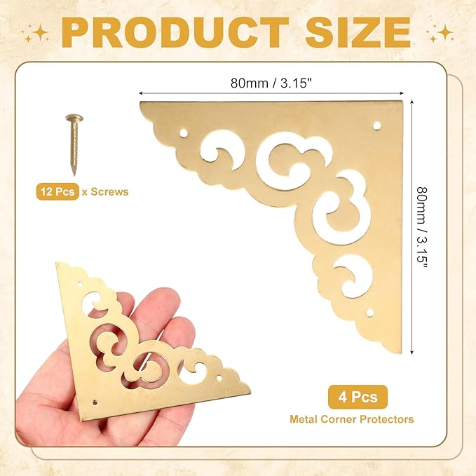 uxcell 4Pcs Brass Corner Protector 3.1 Inch Metal Corner Protector with Mounting Nails Box Edge Guard Retro for Cabinets Speaker Corners Furniture Decorative (Brass)