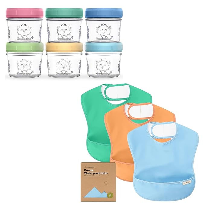 KeaBabies 6-Pack Glass Baby Food Containers & 3-Pack Waterproof Baby Bibs for Eating - 4 oz Leak-Proof, Microwavable, Glass Baby Food Jars - Lightweight Toddler Bibs, Mess Proof Baby Bib, Waterproof