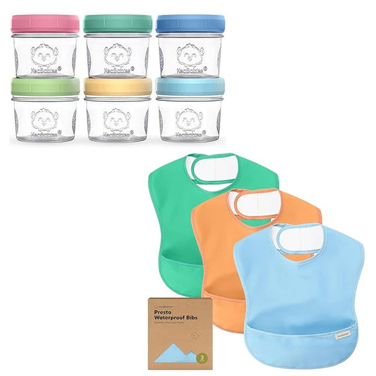 KeaBabies 6-Pack Glass Baby Food Containers & 3-Pack Waterproof Baby Bibs for Eating - 4 oz Leak-Proof, Microwavable, Glass Baby Food Jars - Lightweight Toddler Bibs, Mess Proof Baby Bib, Waterproof