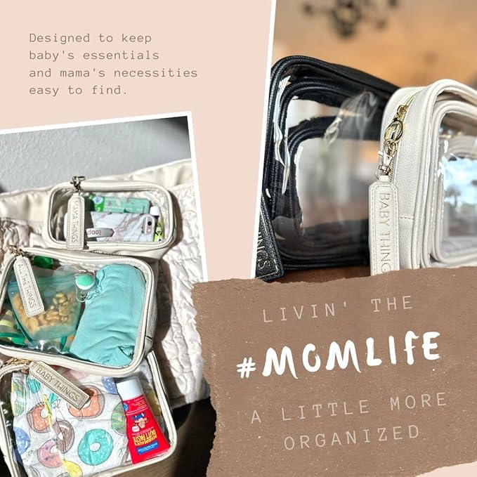 Lucky Love Diaper Bag Organizing Pouches | Set of 3 Including Diaper Clutch | Dry Wet Bag (Black Clear Trio Pouches w/Removable Tags)