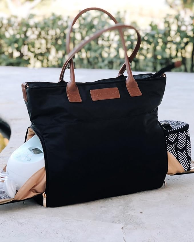 Sarah Wells Abby Breast Pump Tote with Real Leather Straps – Stylish Pumping Bag with Insulated Pockets, Laptop Storage & Easy-Clean Interior – Professional Breast Pump Bag for Work & Travel (Black)